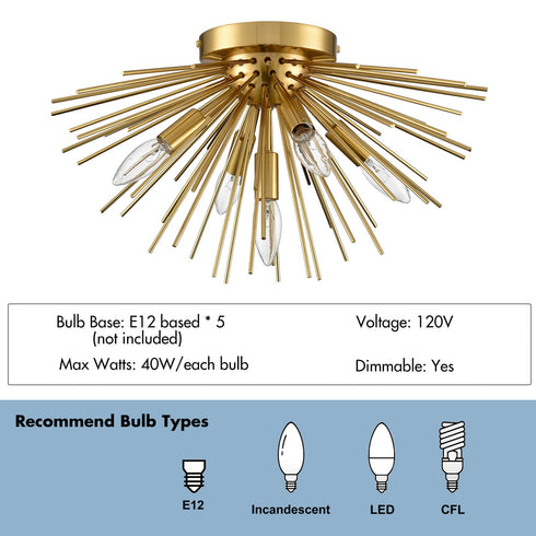 Mid-Century Sputnik Flush Mount Ceiling Light 5-Light Brass Ceiling Light Fixture